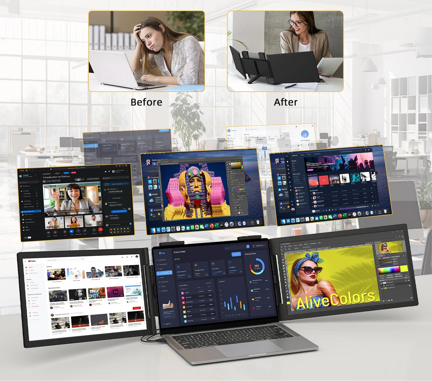 Promotional image with text 'Boost Your Productivity By 300%' showing before and after scenarios with people working and multiple computer screens.