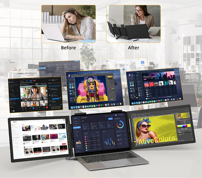 Promotional image with text 'Boost Your Productivity By 300%' showing before and after scenarios with people working and multiple computer screens.