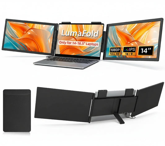 Laptop with a multi-monitor stand displaying 'LumaFold' branding on a white background.